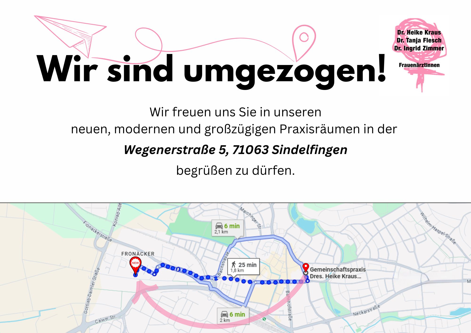 Ein Umzugsflyer welcher darauf hinweist, dass die Praxis in die Wegenerstraße 5, Sindelfingen umgezogen ist